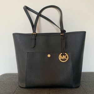 Michael Kors Saffiano leather black front pocket tote bag with zippers